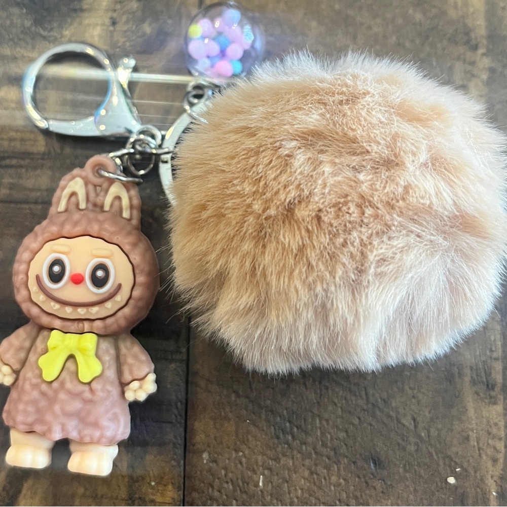 Beige Faux Fur Pom Pom Keychain with Cute Character Labubu Charm